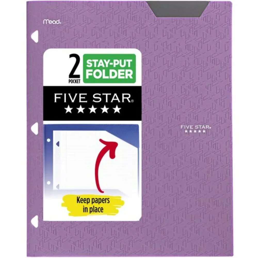 Mead Five Star Tay-Put 2-Pocket Plastic Folder Asst Colors School Office Home